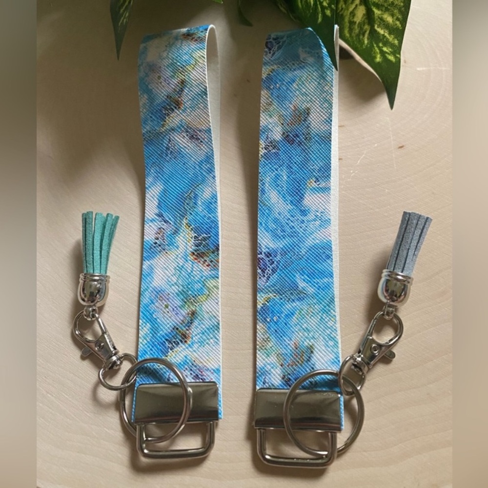 Marble Blue Color Printed Keychain Wristlet With Tassels (price is for 1)